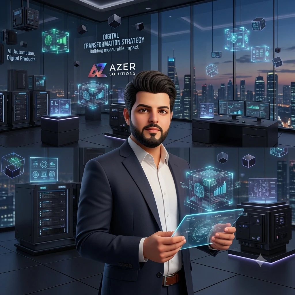 صورة إبداعية لمازن مقداد تمثل التحول الرقمي والذكاء الاصطناعي والأتمتة وتنفيذ الحلول التقنية.
